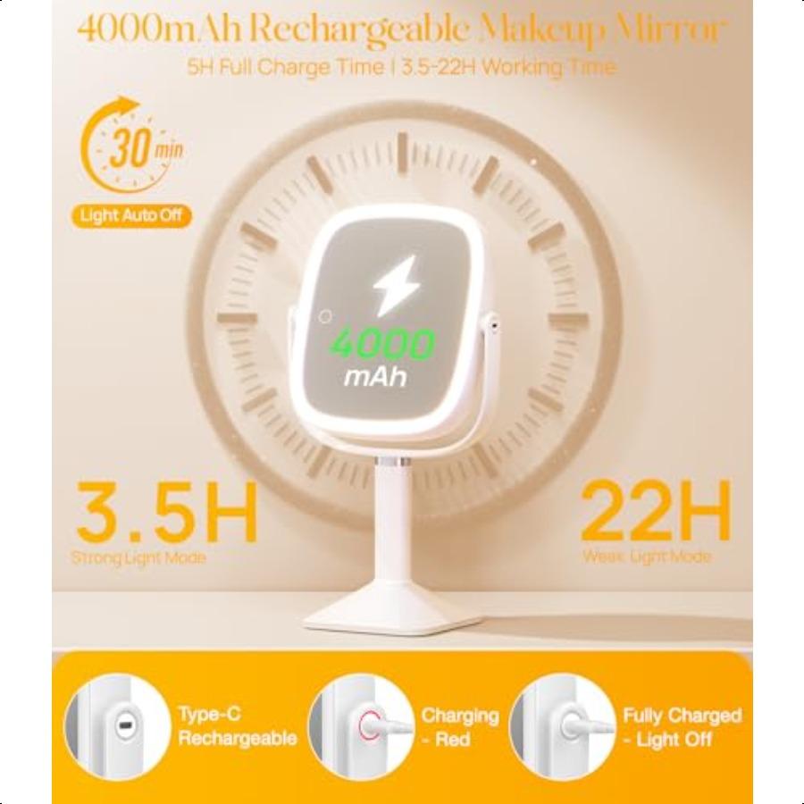 Rec Lighted Makeup Mirror with Lights and 1X 7X Magnifying Mirror Height Adjustable and 4000mAh Rechargeable for Bedroom 8.5x7.
