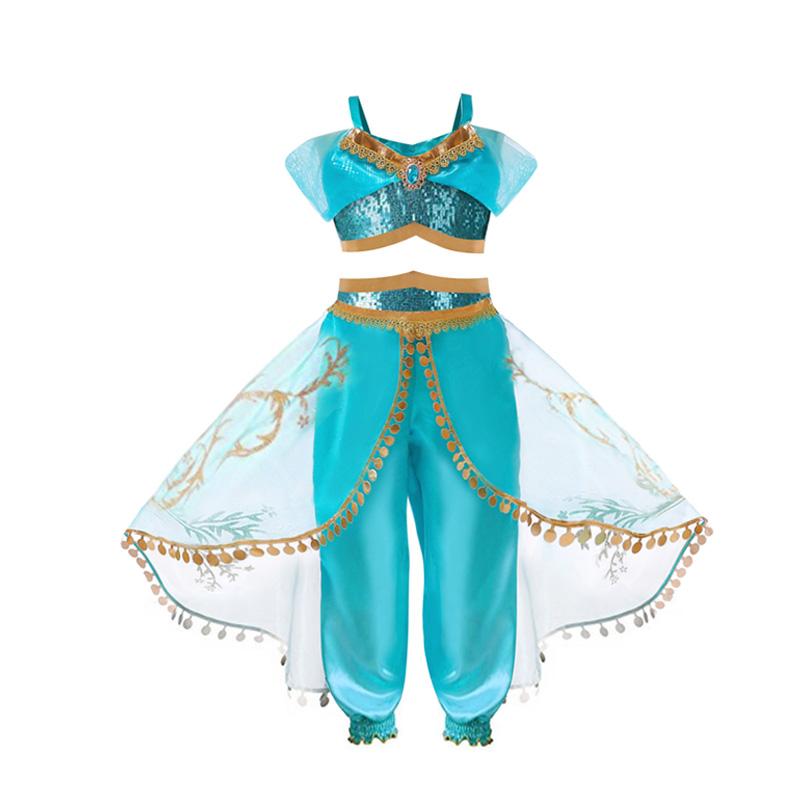 Jasmine Princess Dress for Girls Cosplay Aladdin Magic Lamp Costume Outfit Girls Halloween Kids Birthday Carnival Dance Vestidos 2Y (Size 100)