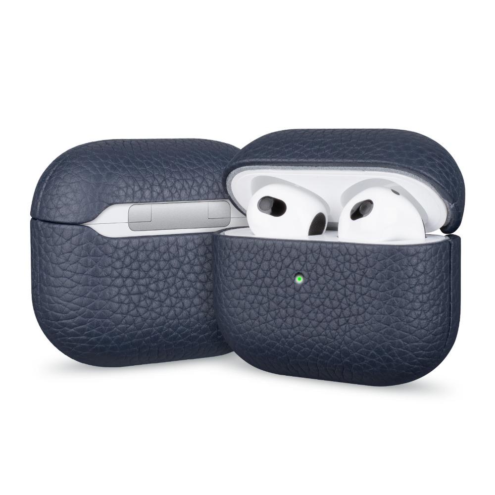

High Quality Lychee Pattern Genuine Leather Earphone Case For Apple AirPods Pro 3 2 AirPods 4 Business Bluetooth Headphone Cover For AirPods Pro3 темно-синього кольору