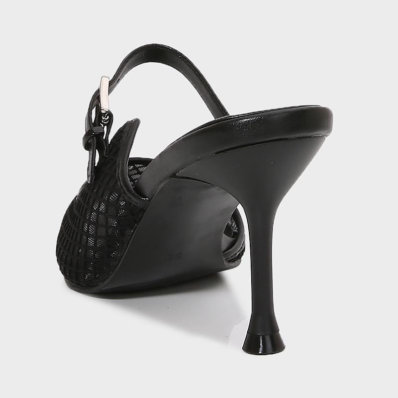 Fashion pointed toe air-mesh high heels slippers women sexy lace thin heel party shoes ankle belt lace mules shoees woman flip flops