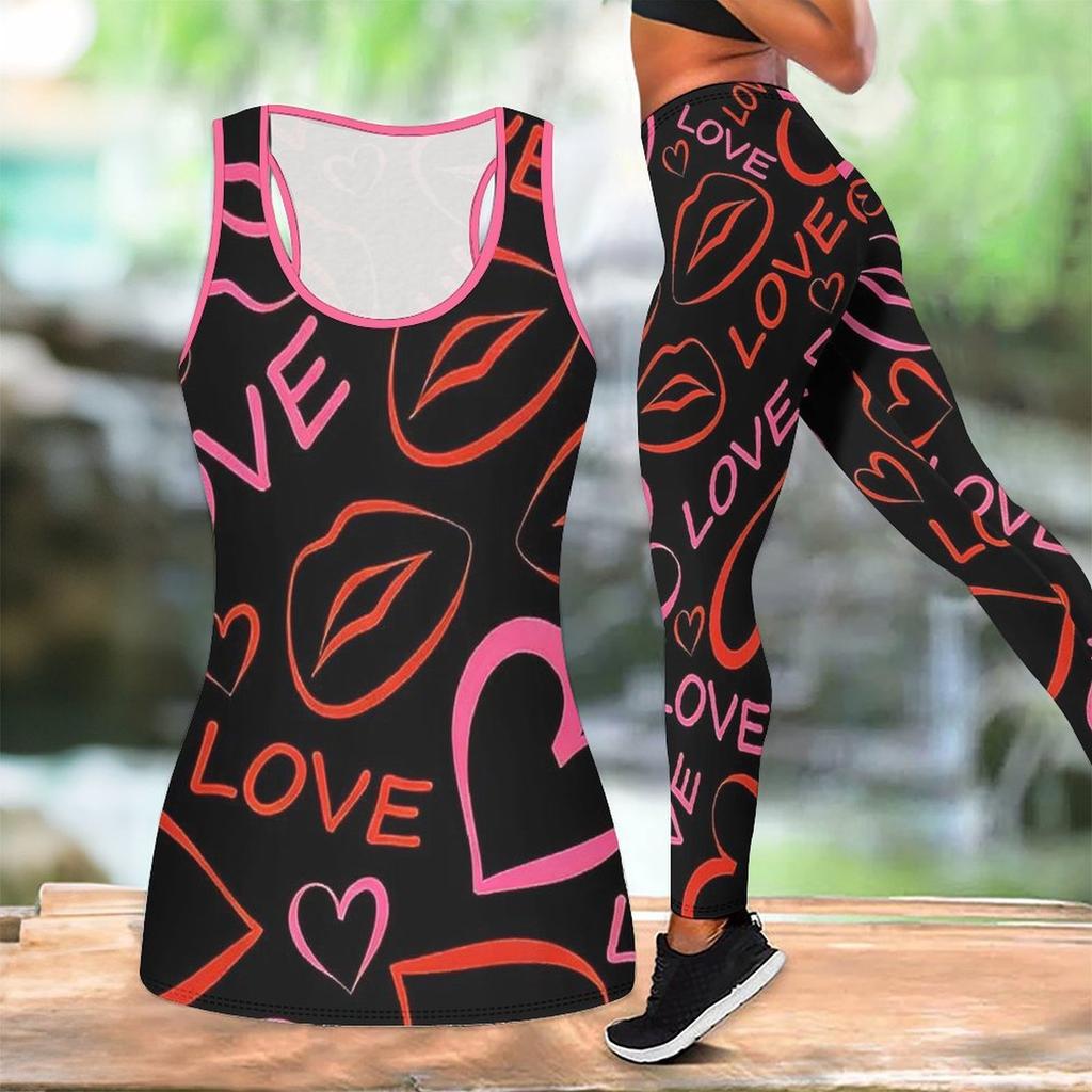Completo Yoga Stampato con Motivo a Cuori per Donna Moda Leggings da Allenamento Fitness Sportivo Set Yoga Casual Tuta Sportiva