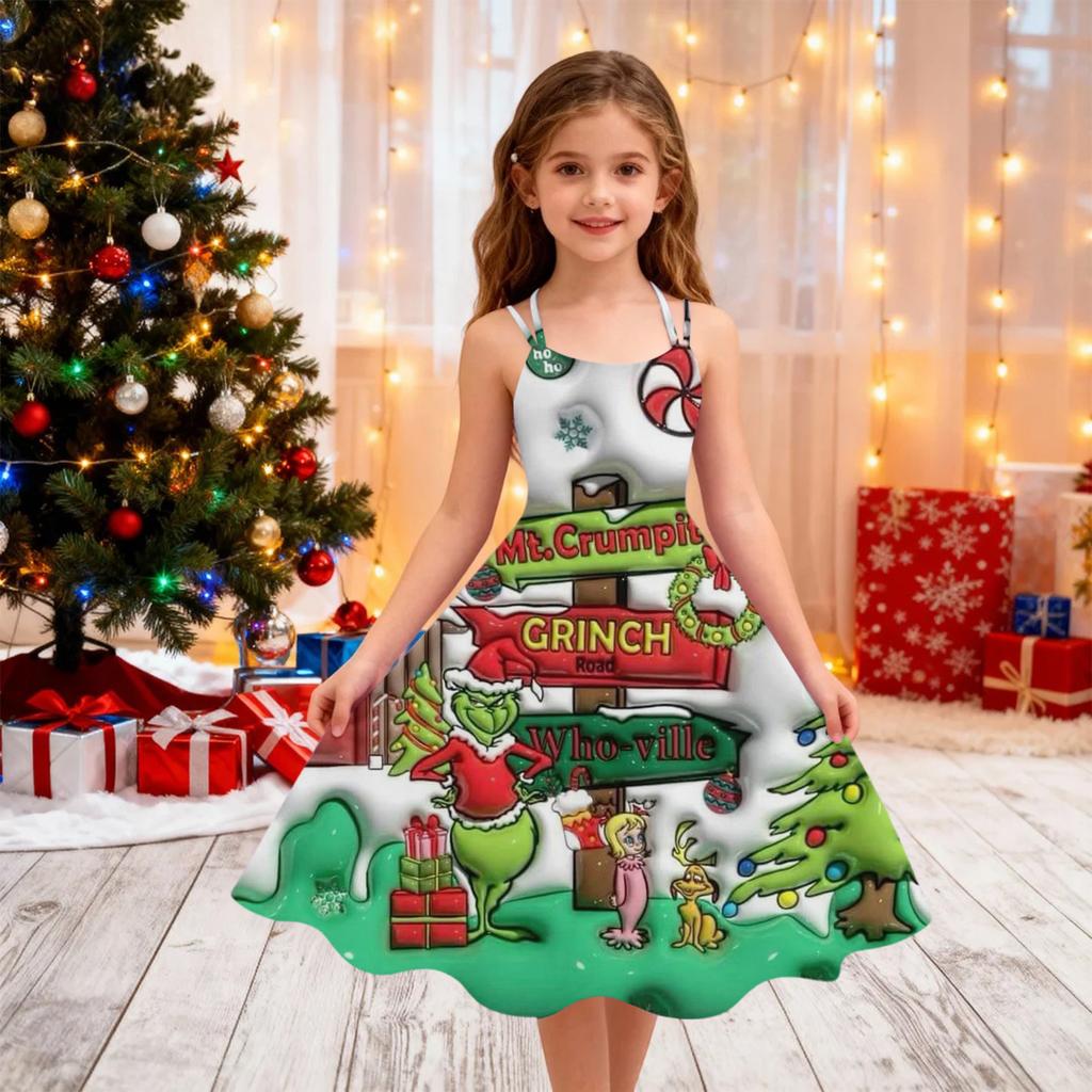 Children's Fashion Casual Christmas Print Off-Shoulder Punk Vintage Dress