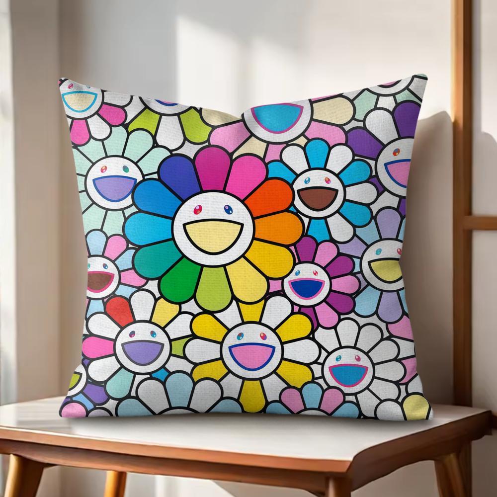 Art Sunflower MMurakamiTakashi Cushion Cover Natural Linen Organic Fabric DoubleSided Printing Couch Pillow Covers Home Decor