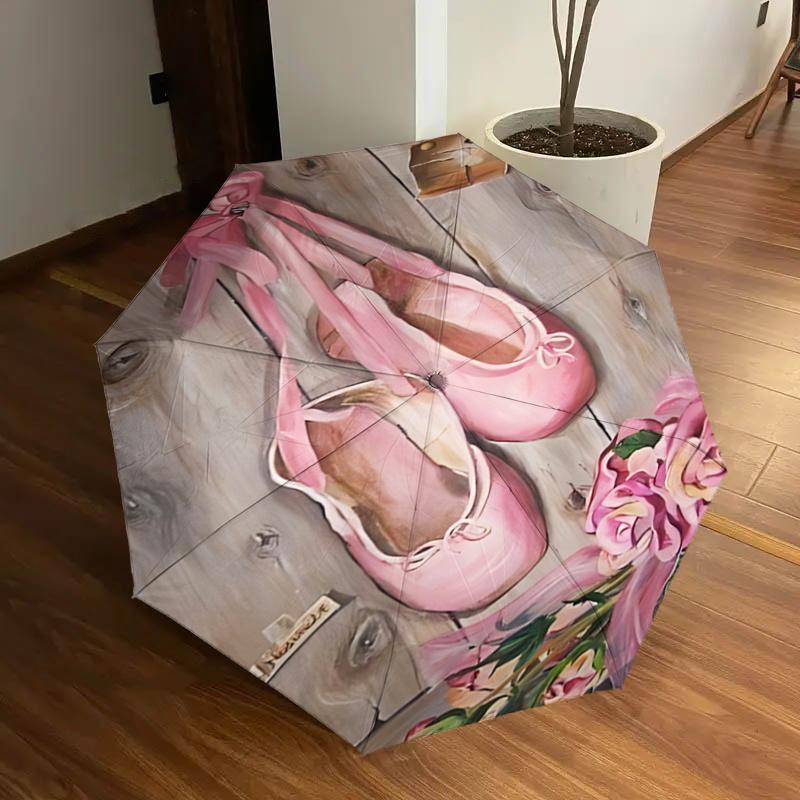 

Pink Ballet Shoes with Ribbon Auto Open Close Umbrella, Portable Folding Design, 8 Bone Iron Frame Outdoor Umbrella, Festival Gift for Fans,