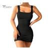 Women Mini Dress Pleated Sleeveless Sheath Dress Slim Fit Square Neck Thread Pure Color Elastic Vest Dress for Club Beach Parties