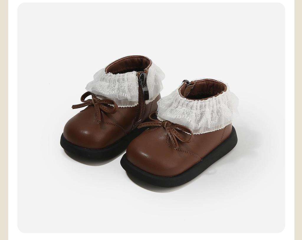 Girls' Autumn-Winter Princess Boots - Cotton-Lined Leather Toddler Shoes with Lace and Velvet Accents