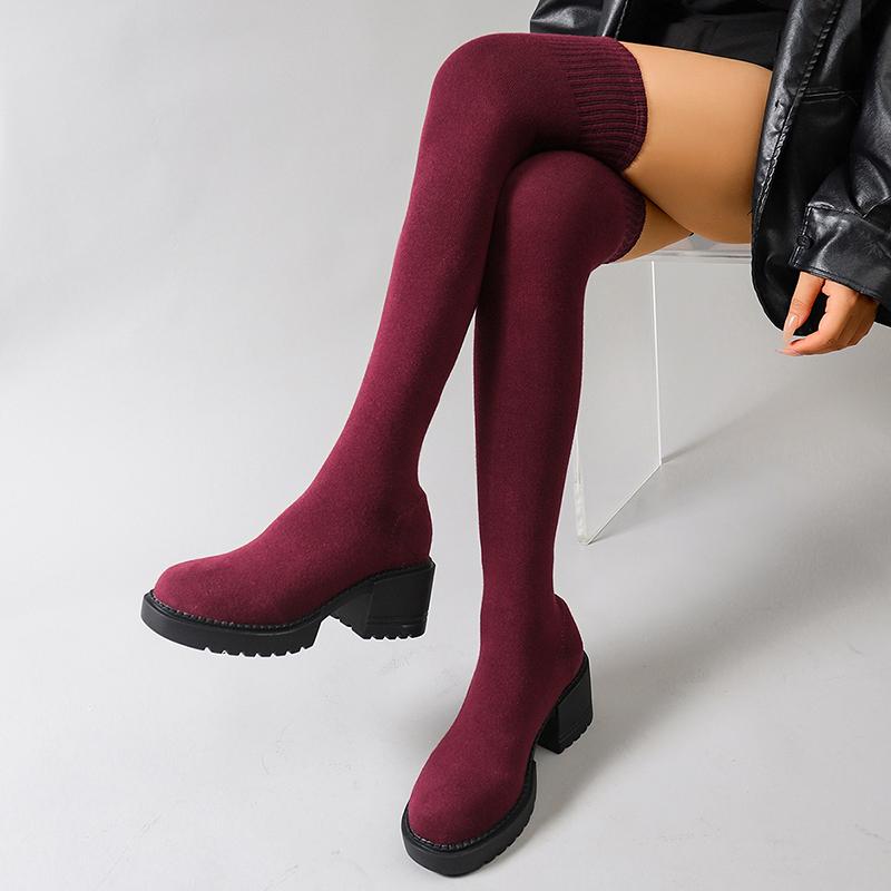 Fashion Chunky Heel Over The Knee Boots Women Plus Size 35-42 Stretch Knitted Sock Boots Woman Non Slip High Heels Long Botas