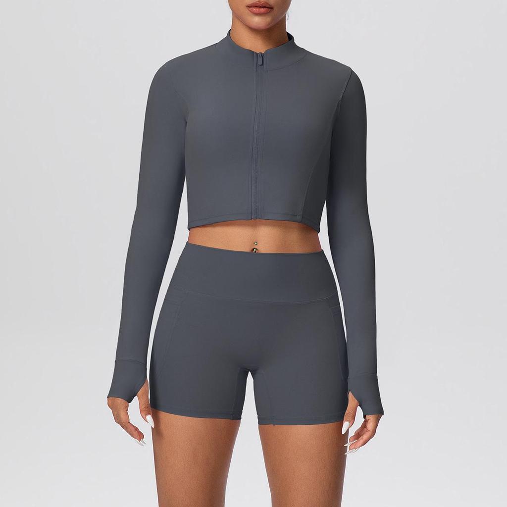 Women's Slim Fit Zip-Up Jacket & High-Waist Butt-Lifting Shorts Yoga Set
