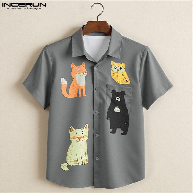 

INCERUN Men Lapel Neck Short Sleeve Cartoon Print Casual Oversized Shirts S коричневий