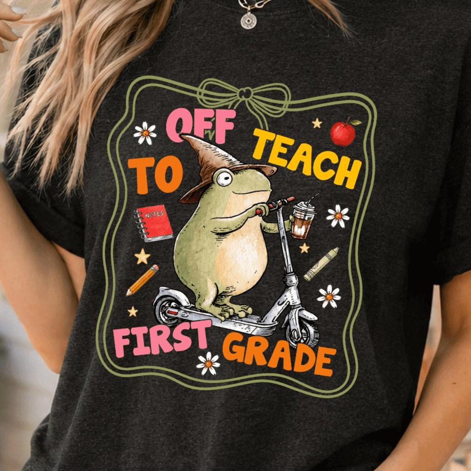 First Grade Shirt 1st Grade Teacher Back to School T-shirt Silly Off To Teach Frog Iced Coffee Tee Cute Elementary Teacher 4XL
