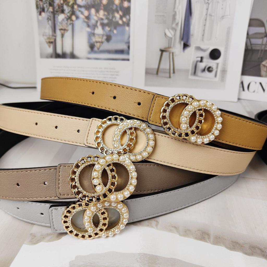 Colored Lychee Pattern Cowhide Belt Women'S Double Circle Pearl Smooth Buckle Simple Dress Belt