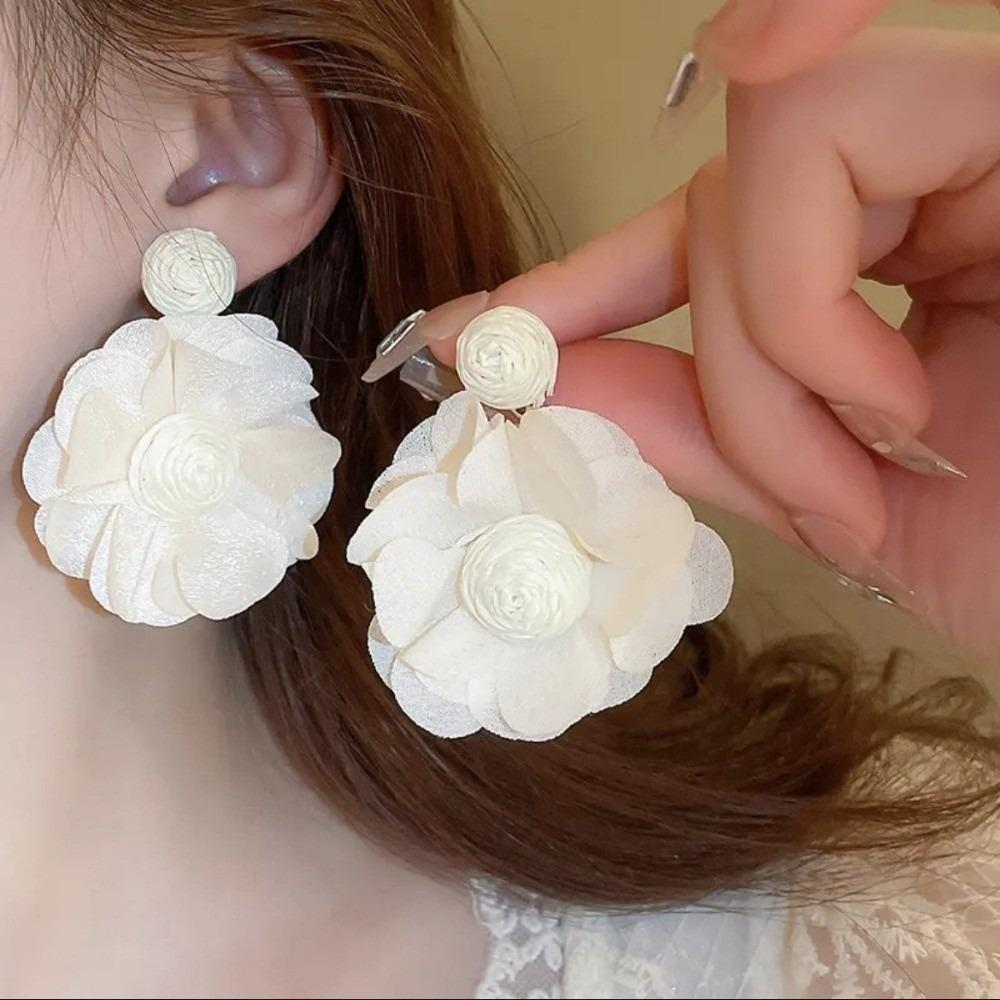 Colorful Long Drop Earrings Boho Style 3D Flower Fabric Earring Beach Party