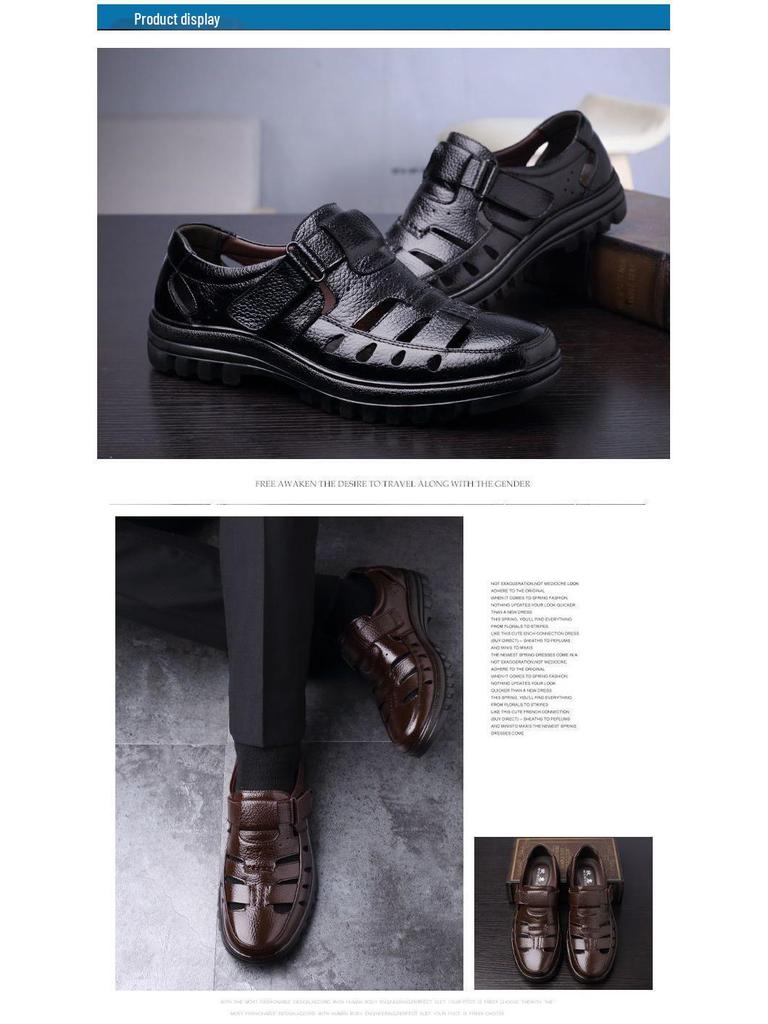 Męskie sandały z prawdziwej skóry z ażurowym wzorem - Oddychające letnie modne buty dla taty