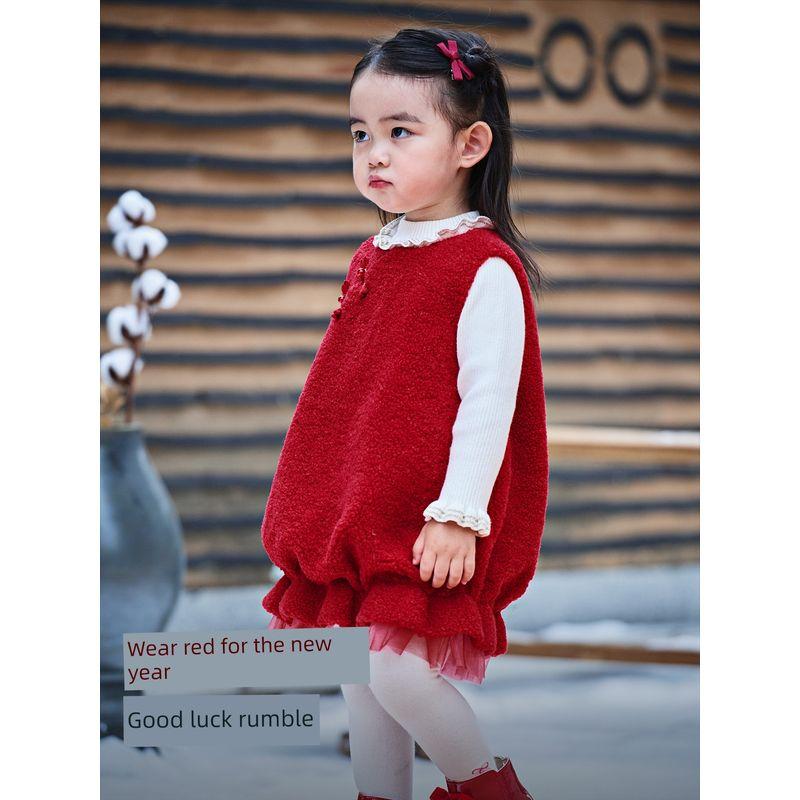 David Bella Winter New Style Girls' Plush Dress, Traditional Chinese Style Vest Dress for Girls, Children's Red New Year Dress