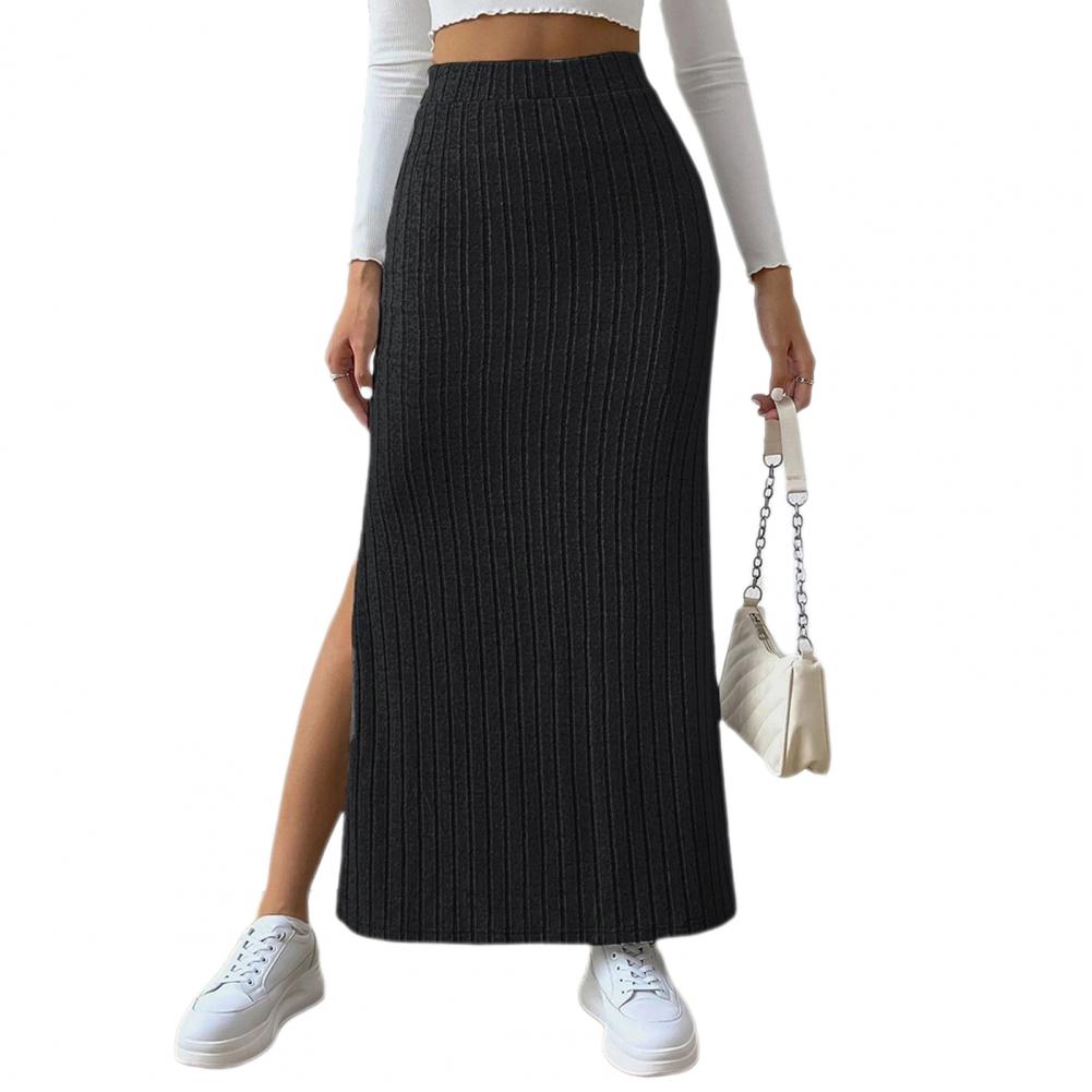 

Slim Fit Women Skirt Elegant Womens High Waisted Maxi Skirt with Side Slit Ribbed Knitting Design One Tone Slim Fit Long for A S чорний