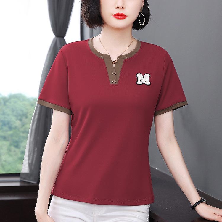 Half-open Collar Mother Top Summer New Short-sleeved Women's T-shirt Feel Niche Large Size Loose Slim Shirt