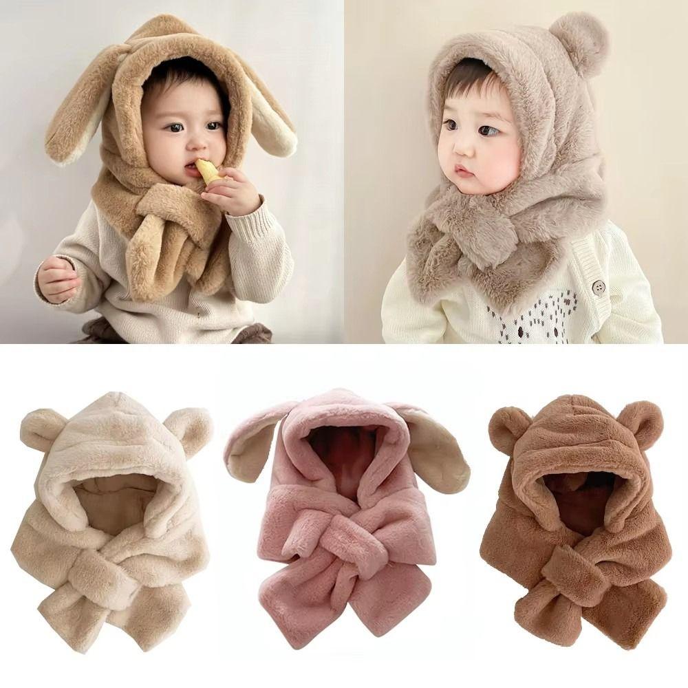 Faux Fur Baby Bear Plush Hat Winter Ear Protection Hats Cute One-Piece Hat Scarf  Kids