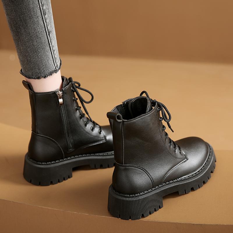 fashion Rimocy Autumn Winter Woman Ankle Boots Thick Plush Warm PU Leather Booties Woman Fashion Non Slip Lace Up Short Boots Plus Size