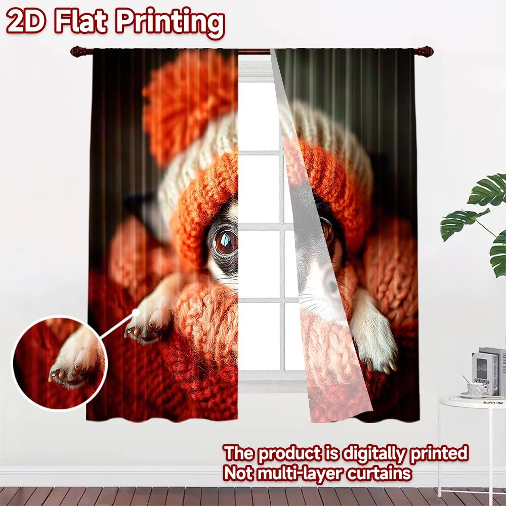 2D Flat Printing 2pcs Window Curtains Chihuahua Dogs Winter Warm Digital Printed Polyester Drapes Family Party Decoration Use