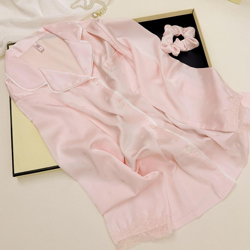 YD Women s Ice Silk Polka Dot Pajama Set: Long Sleeve, Lace-Trimmed XL розовый