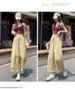 Women's Wide-Leg Ice Silk Pants: Dark Blue, Quick-Drying, High-Waist, Slimming, Lightweight Summer Lantern Style with Side Nine-Point Length.