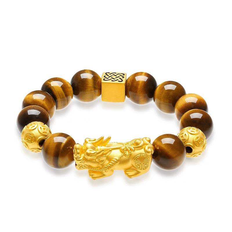 Gold-Plated Tiger Eye Pixiu Wealth Bracelet with Lucky Beads