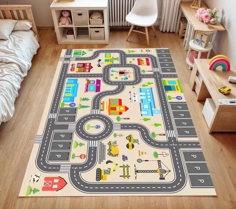 Stadtplan Spielteppich für Kinderzimmer Bunte Stadtstraßen-Strecken Teppich für Spielzeugautos Spielzimmer Bodenmatte für Kinderzimmer Kleinkind Schlafzimmer