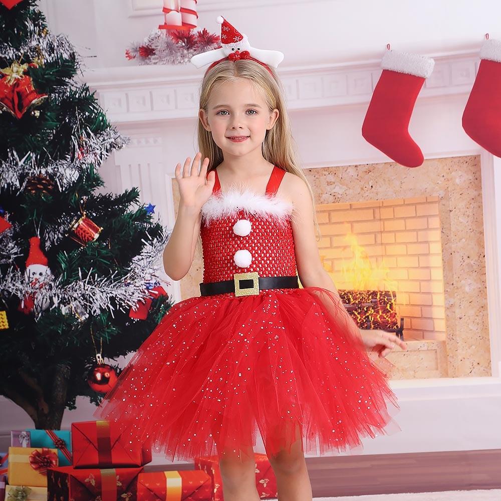 Kids Girls Christmas Santa Claus Mesh Tutu Dress Headwear Set Children Halloween Cosplay Costumes Child Pretend Princess Party Role Play Outfit