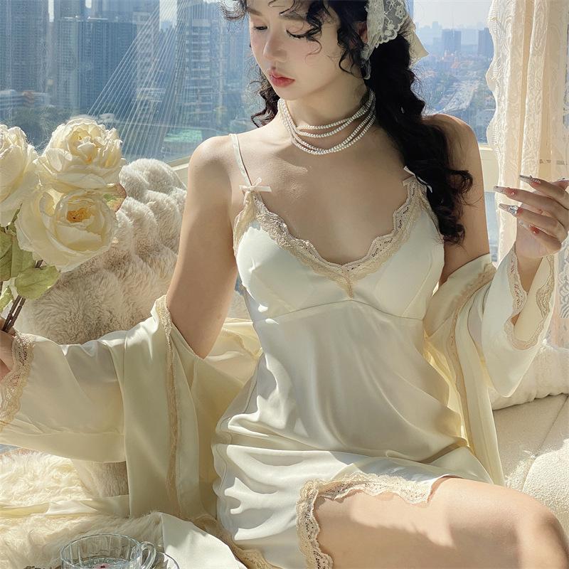 Feminino Kimono Roupão Vestido Preto Cetim Camisola&Robe Conjunto Camisola Sexy Renda Acabamento Pijamas Solto Casual Homewear Lounge Wear