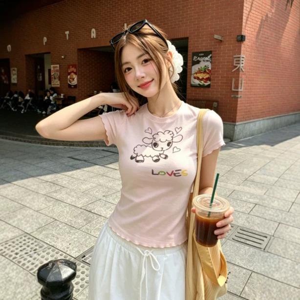 Fashion Versatile Pure Desire Sweet and Spicy Lamb Printed Love Short Sleeve Lace T-Shirt Women's Summer New Waist Top Trend