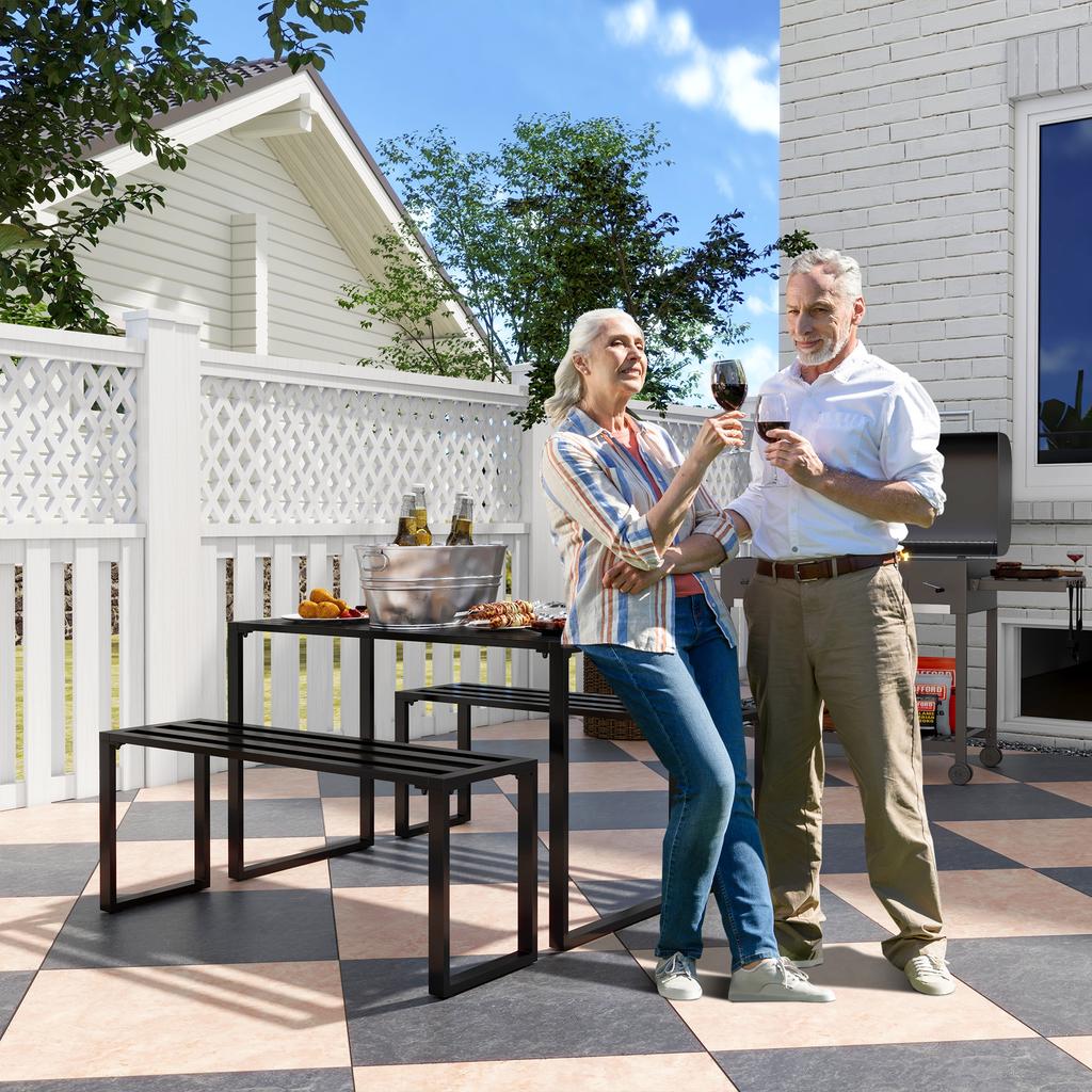 Garden Set for 4 People, 1 Table & 2 Benches, Metal, Black