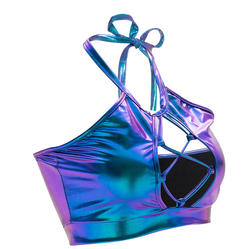 Women Shiny Metallic Halter Tank Top Sleeveless Spaghetti Strap Camisole Vest Bra Crop Tube Top for Party Club