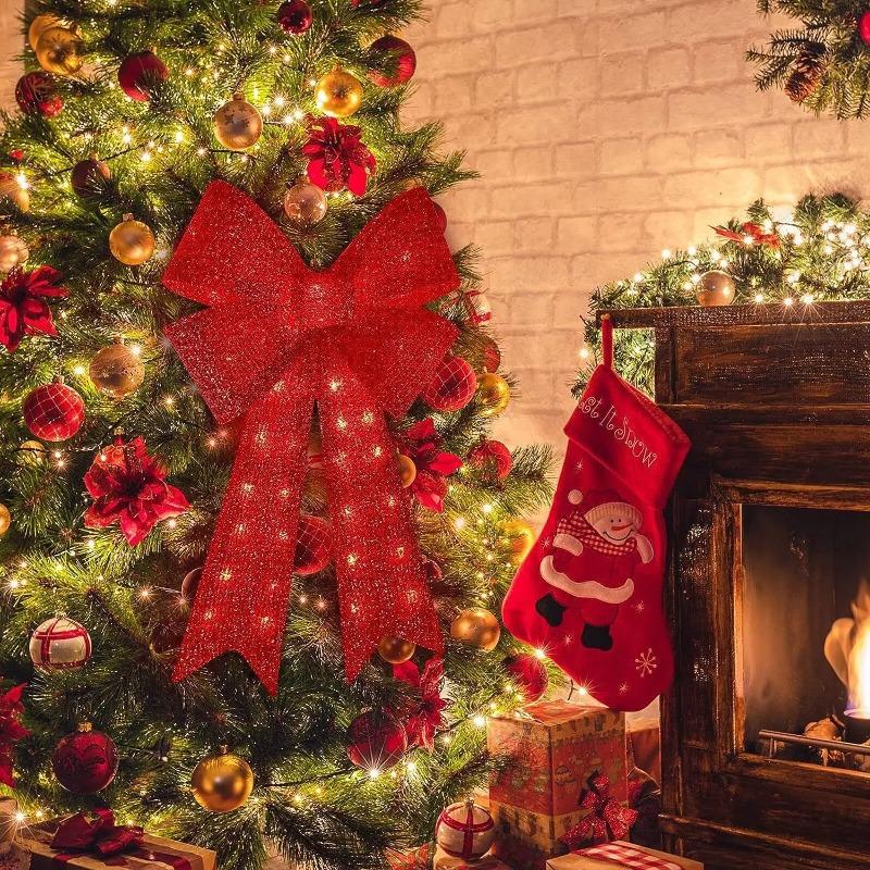 24in Christmas Red Bow LED Light Large Bow Decorat Wreath 2027 New Year Holiday Garland Pendent Home for Xmas Bows Stair Decor