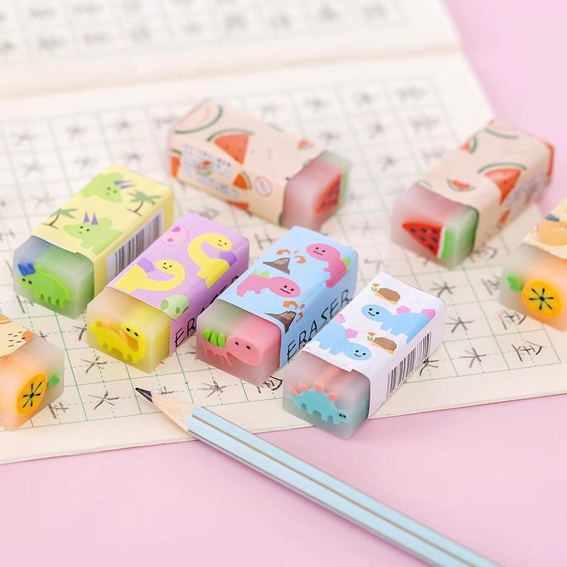 6Pcs Cute Cartoon Pattern Pencil Erasers Colorful Fruit Dinosaur Pencil Rubbers For School Students Drawing