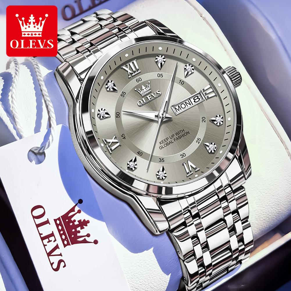 OLEVS 5513 Men's Quartz Watches Stainless Steel Strap Diamond Scale Dual Calendar Waterproof Luminous Men's Business Wristwatch