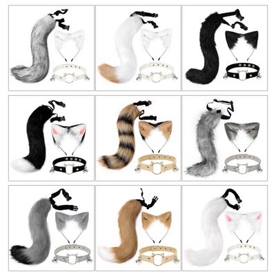 Pufos pentru urechi de pisică, clopoțel din piele, zgardă cu coadă de animal, set cosplay, costum Drop Shipping