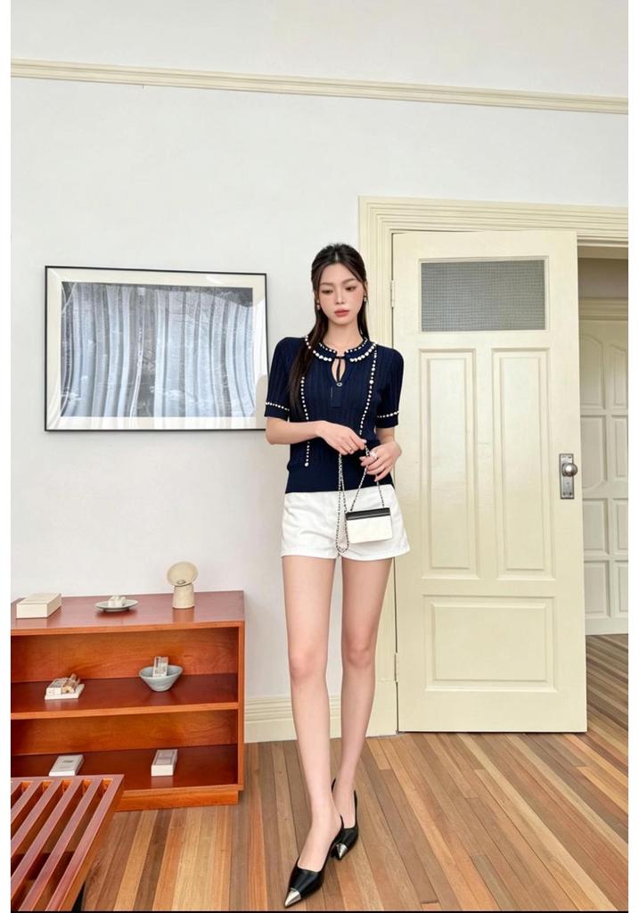 2026 Summer Strappy Knit Short Sleeve Beaded Slimming Top