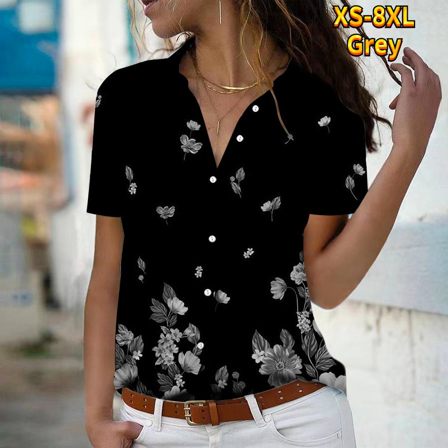 

Лето 2025 Новая Мода Женская Блузка с Коротким Рукавом и V-образным Вырезом на Пуговицах с Цветочным Принтом 8XL серый