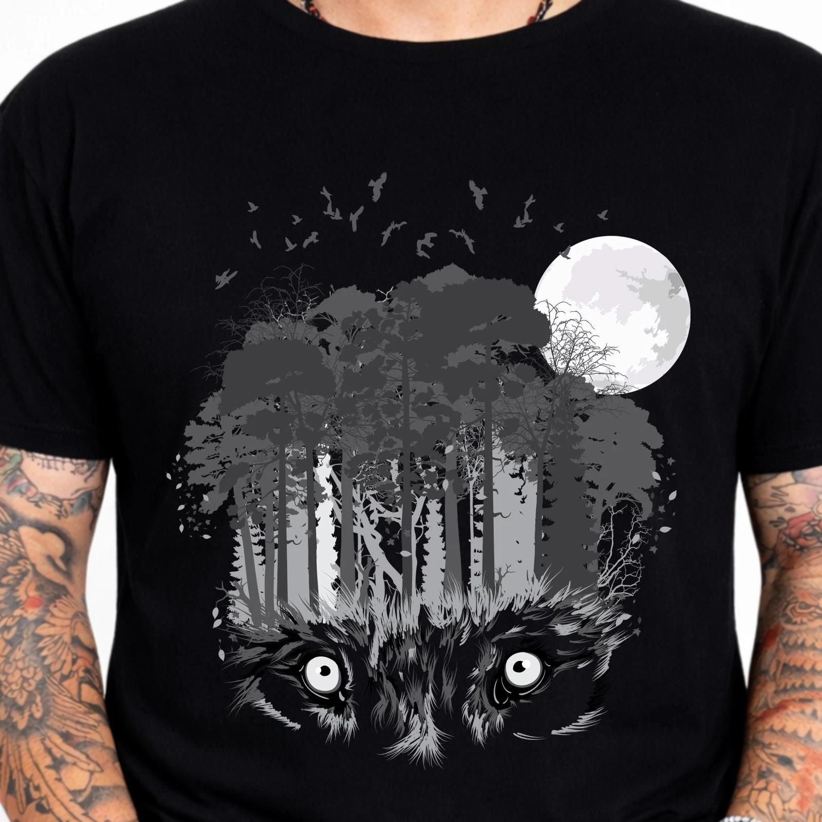 Wolf Eyesest Moon Graphic T-Shirt Dark Wildlife Tee Gothic Nature Night XXXXL