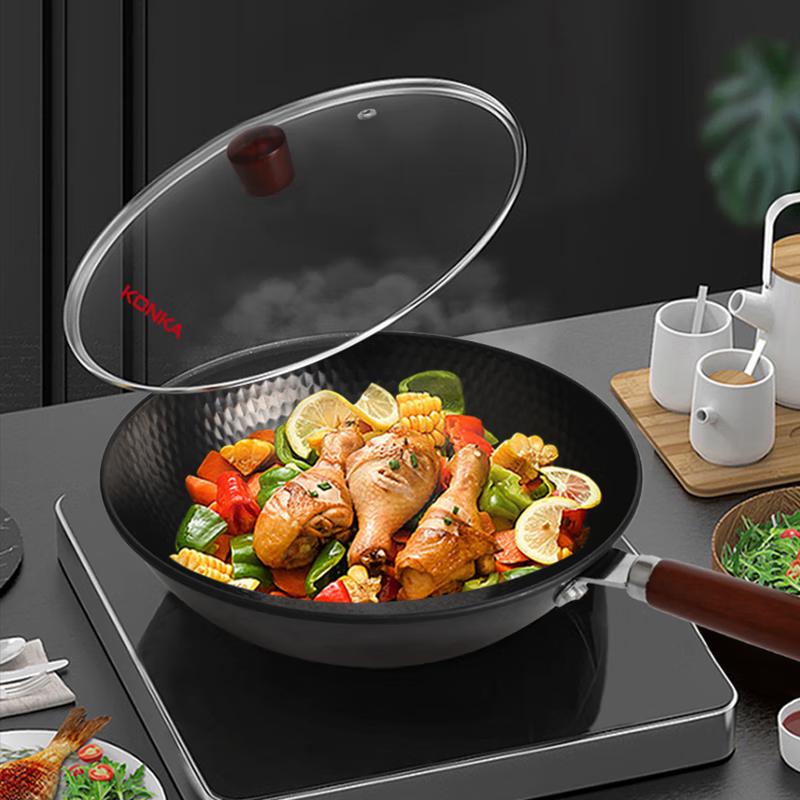 KONKA Non-stick Forged Cast Iron Wok with Glass Lid