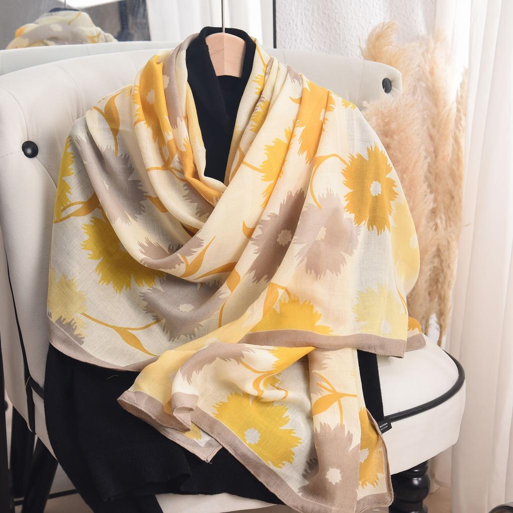 Imitation Cotton and Linen Scarf for Women In Spring and Summer Fashion Thin Pastoral Style Floral Printed Silk Scarf High-end Temperament Shawl