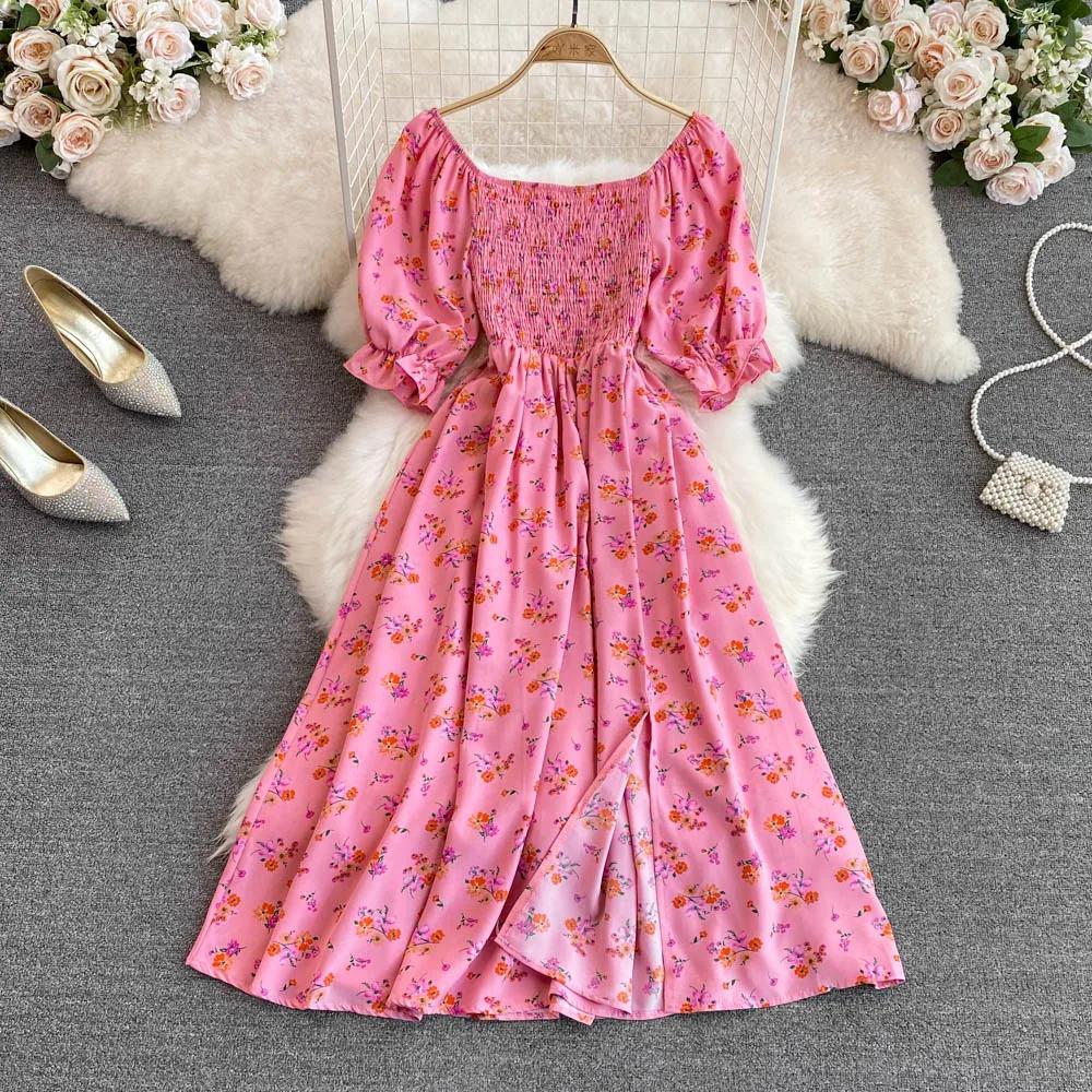 Fashion  Summer Flower Print Long Dress Women Vintage Square Neck Ruched Chest Split  Sundress Party