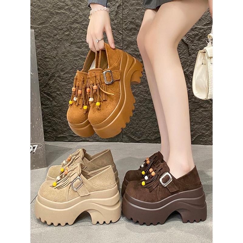 2025 Women's High Platform Leather Shoes New Spring 9CM Heels Chunky Sneakers Female Lace-up Loafers Walking Shoes Woman