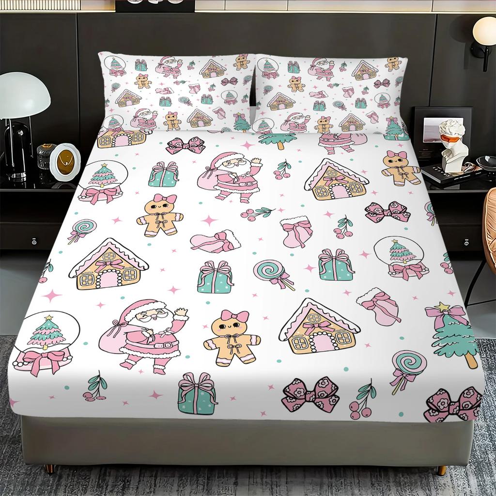 3pcs Merry Christmas Christmas Element Print Coreless Bed Sheet Set Multi Size Bedcover Bedroom Dormitory Bedding Decoration