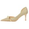 Women's Fashion Shallow Mouth Pointed Head Side Hollow Cloth Plaid Pearl Metal Chain Thousand Bird Check Single High Heel Shoes