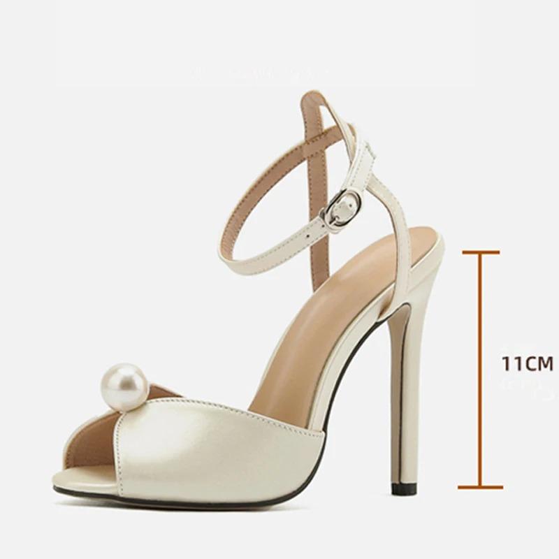 Gemütliche Seiden-Peep-Toe 11CM Dünne Absätze Gladiator-Sandalen Damen Mode Perlen Designer Schuhe Knöchelriemen Sandalias