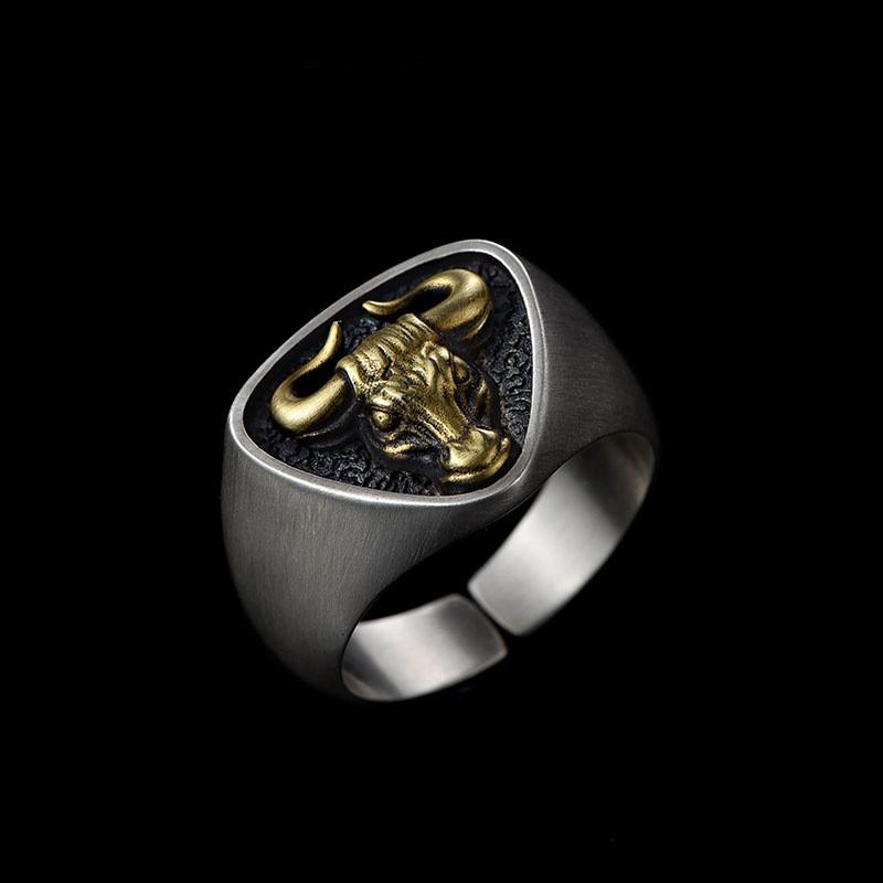 Mens Adjustable Ox Head Ring Vintage Retro Style Copper Plated Geometric Open Band Unisex Fashion Statement