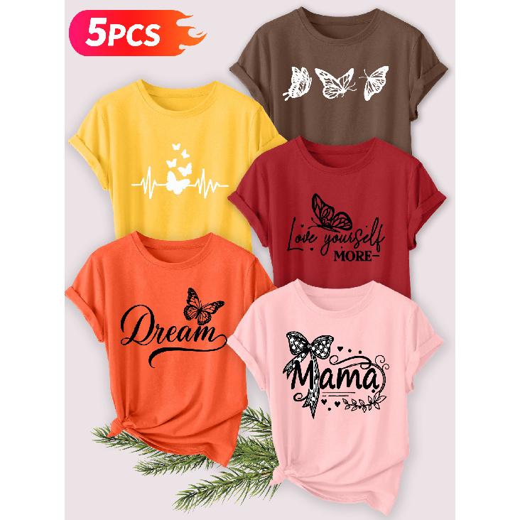 Five-piece set Elegant short-sleeved shirt for women Butterfly series printed round-neck women's short-sleeve shirt suitable for spring and summer