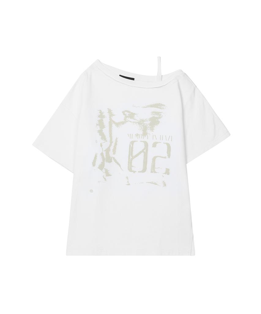 Ledeoli Vintage Slit One-Shoulder Short Sleeve T-Shirt [White]