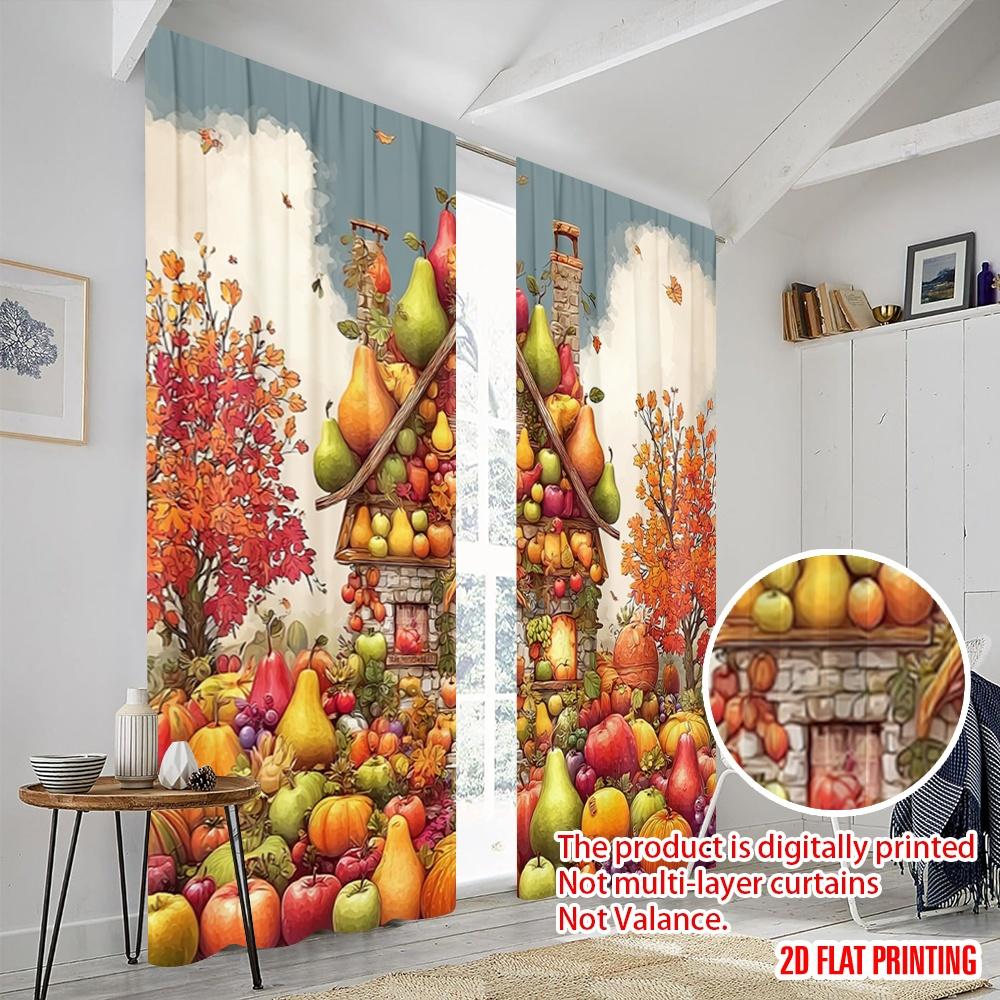 2pcs,2D Plane Printing Curtain Popular Autumn Fruit House Versatile Durable Polyester (without Rod) Room Decor Use for Bedroom